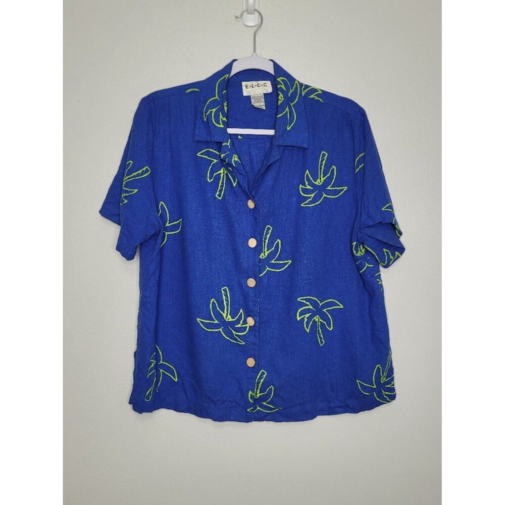 E.L.C.C blue green palm tree button front boxy vacation short sleeve top medium